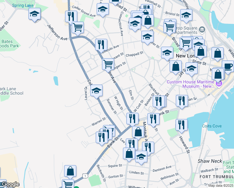 map of restaurants, bars, coffee shops, grocery stores, and more near 11 Redden Avenue in New London