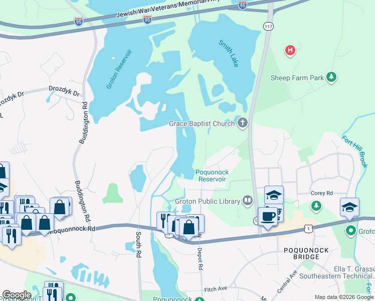 map of restaurants, bars, coffee shops, grocery stores, and more near in Southeastern Connecticut Planning Region