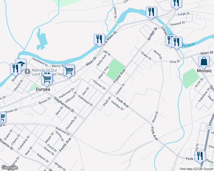map of restaurants, bars, coffee shops, grocery stores, and more near Constitution St in Duryea