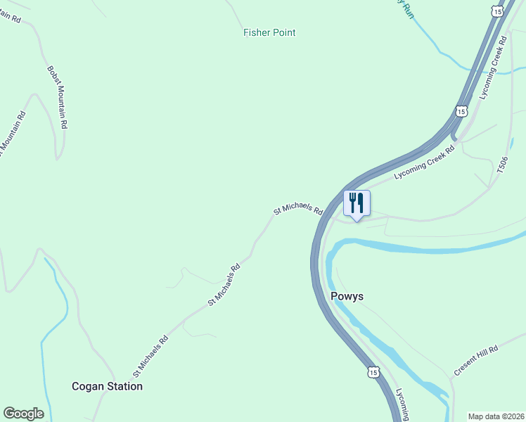 map of restaurants, bars, coffee shops, grocery stores, and more near 1-491 Saint Michaels Road in Cogan Station