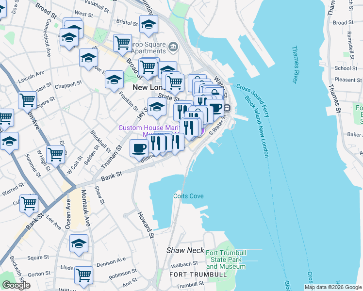 map of restaurants, bars, coffee shops, grocery stores, and more near in New London