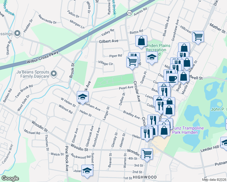map of restaurants, bars, coffee shops, grocery stores, and more near 90 Pearl Avenue in Hamden