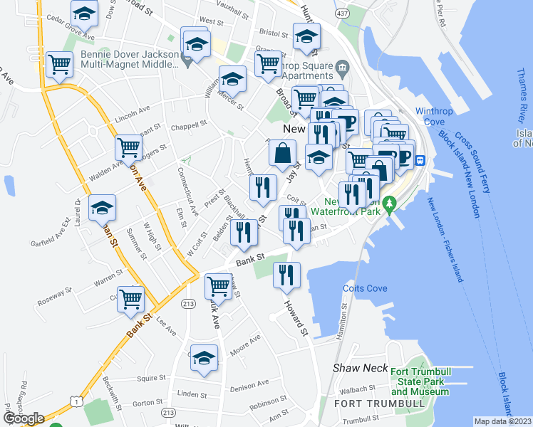 map of restaurants, bars, coffee shops, grocery stores, and more near 101 Truman Street in New London