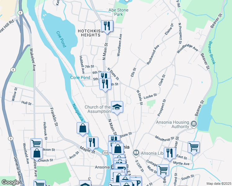 map of restaurants, bars, coffee shops, grocery stores, and more near 113 North Cliff Street in Ansonia