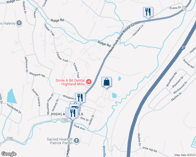 map of restaurants, bars, coffee shops, grocery stores, and more near 595 New York 32 in Woodbury