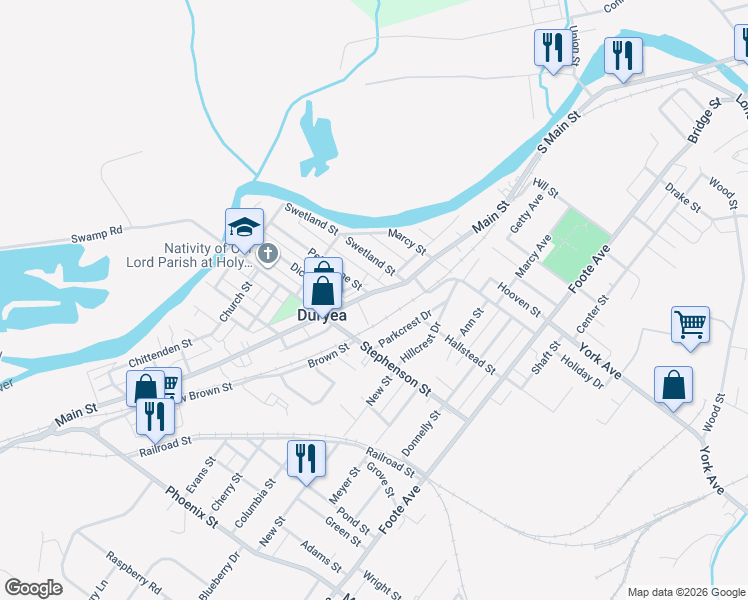 map of restaurants, bars, coffee shops, grocery stores, and more near 509-599 Main Street in Duryea