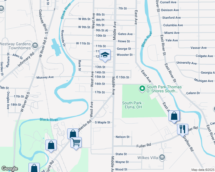 map of restaurants, bars, coffee shops, grocery stores, and more near 314 16th Street in Elyria