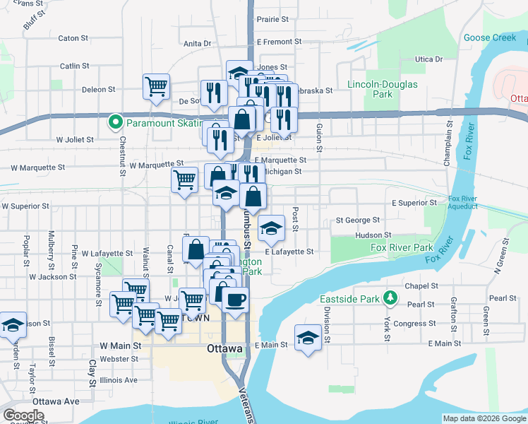 map of restaurants, bars, coffee shops, grocery stores, and more near 117 East Superior Street in Ottawa