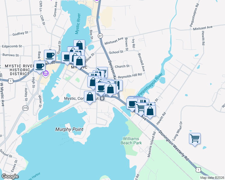 map of restaurants, bars, coffee shops, grocery stores, and more near 60 Washington Street in Stonington