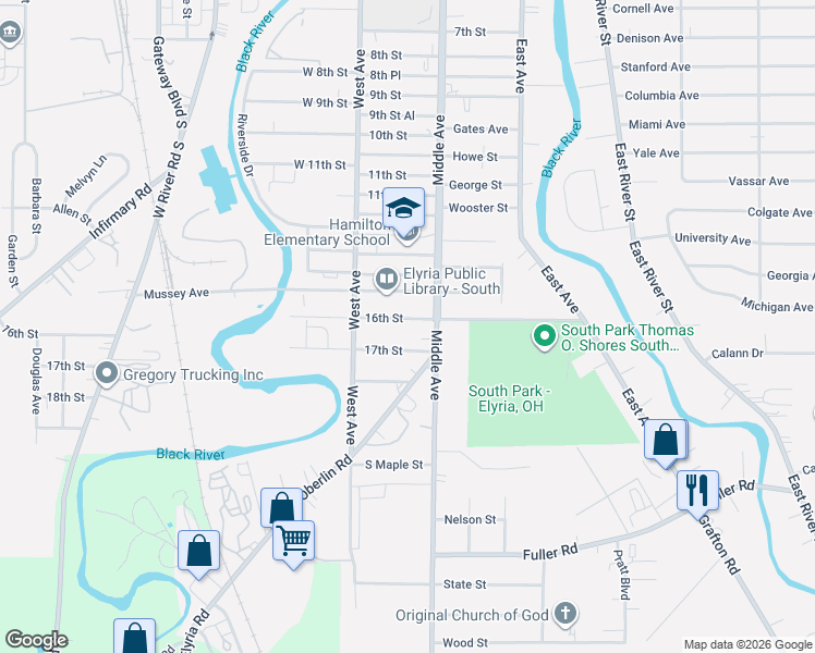 map of restaurants, bars, coffee shops, grocery stores, and more near 314 16th Street in Elyria