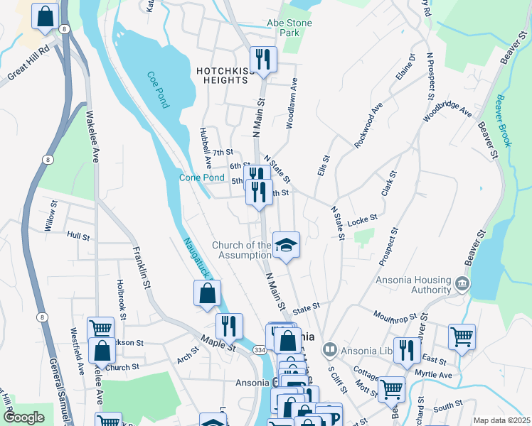 map of restaurants, bars, coffee shops, grocery stores, and more near 140 North Main Street in Ansonia