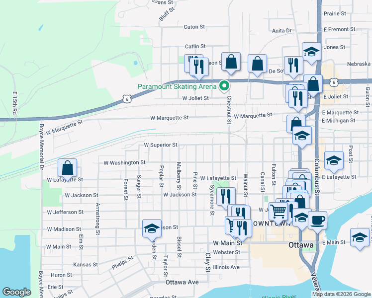 map of restaurants, bars, coffee shops, grocery stores, and more near 815 West Superior Street in Ottawa