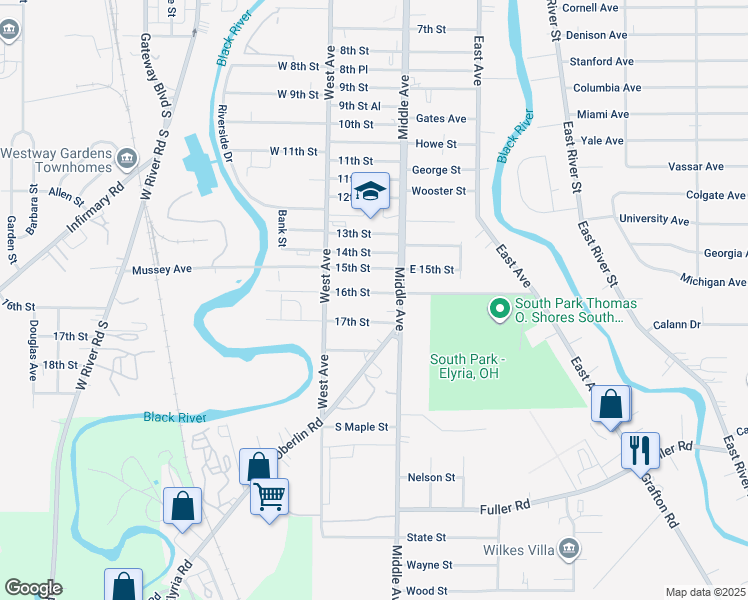 map of restaurants, bars, coffee shops, grocery stores, and more near 314 16th Street in Elyria