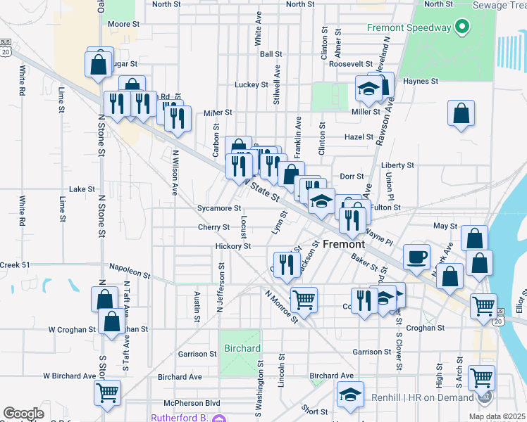 map of restaurants, bars, coffee shops, grocery stores, and more near 1225 Sycamore Street in Fremont