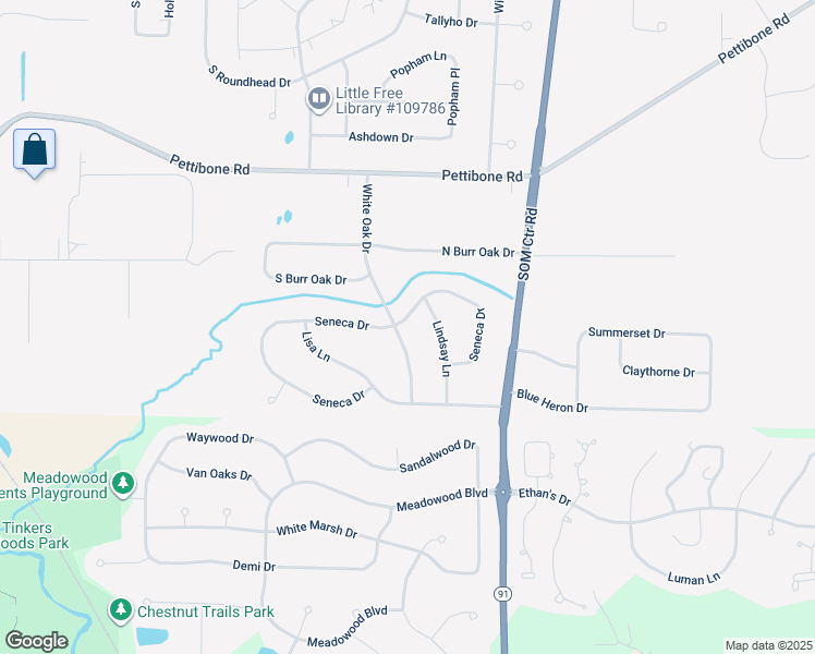 map of restaurants, bars, coffee shops, grocery stores, and more near 7621 White Oak Drive in Solon