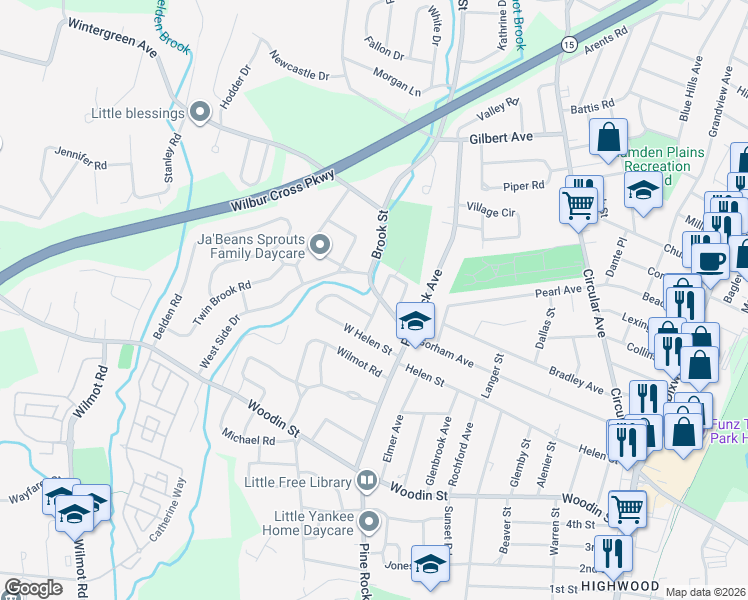 map of restaurants, bars, coffee shops, grocery stores, and more near 60 Brook Street in Hamden