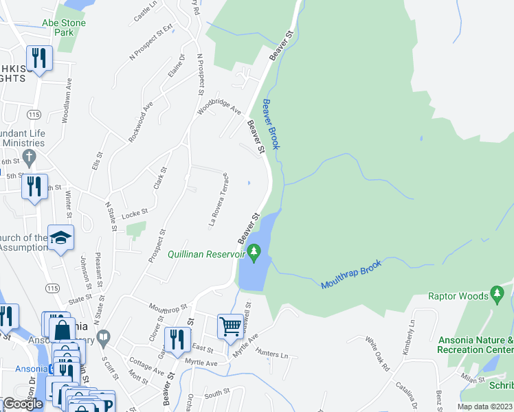 map of restaurants, bars, coffee shops, grocery stores, and more near 375 Beaver Street in Ansonia