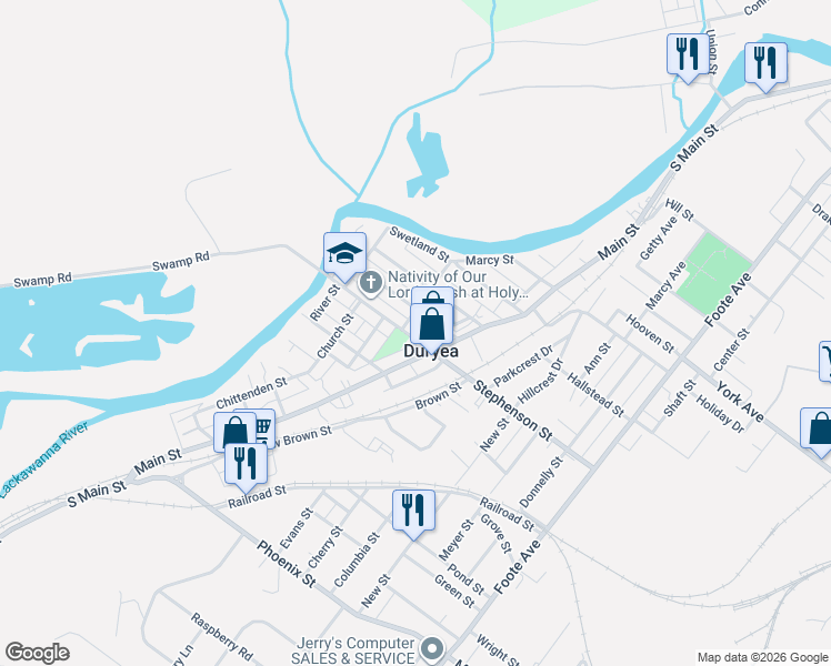 map of restaurants, bars, coffee shops, grocery stores, and more near 401-449 Fulton Street in Duryea