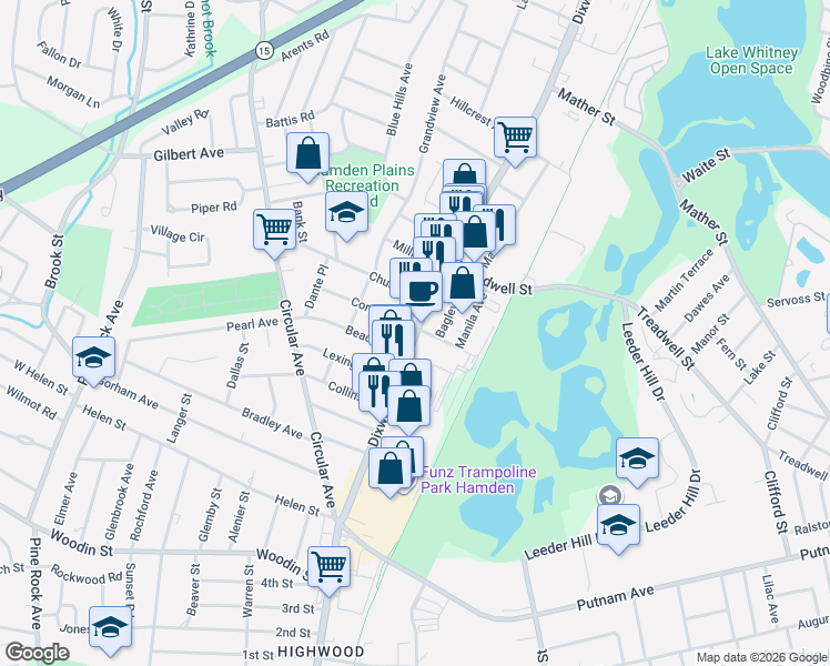 map of restaurants, bars, coffee shops, grocery stores, and more near 1426 Dixwell Avenue in Hamden