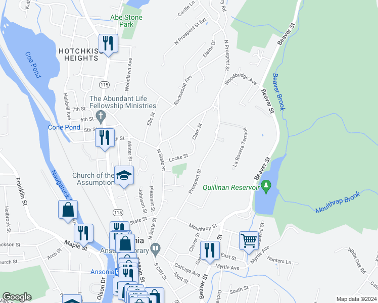 map of restaurants, bars, coffee shops, grocery stores, and more near 51 Locke Street in Ansonia