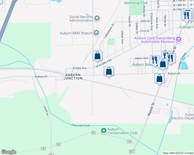 map of restaurants, bars, coffee shops, grocery stores, and more near 1115 Auburn Drive in Auburn