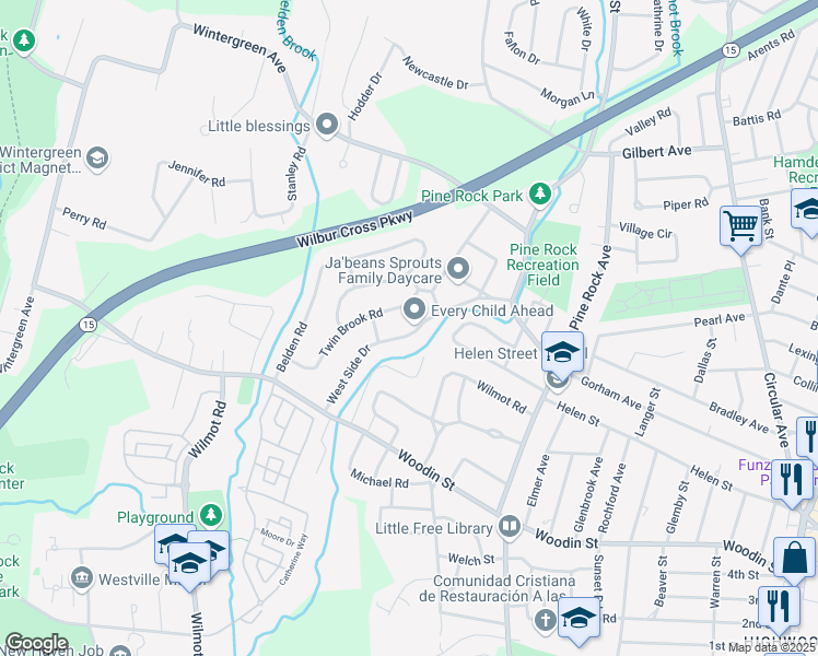 map of restaurants, bars, coffee shops, grocery stores, and more near 134 West Side Drive in Hamden