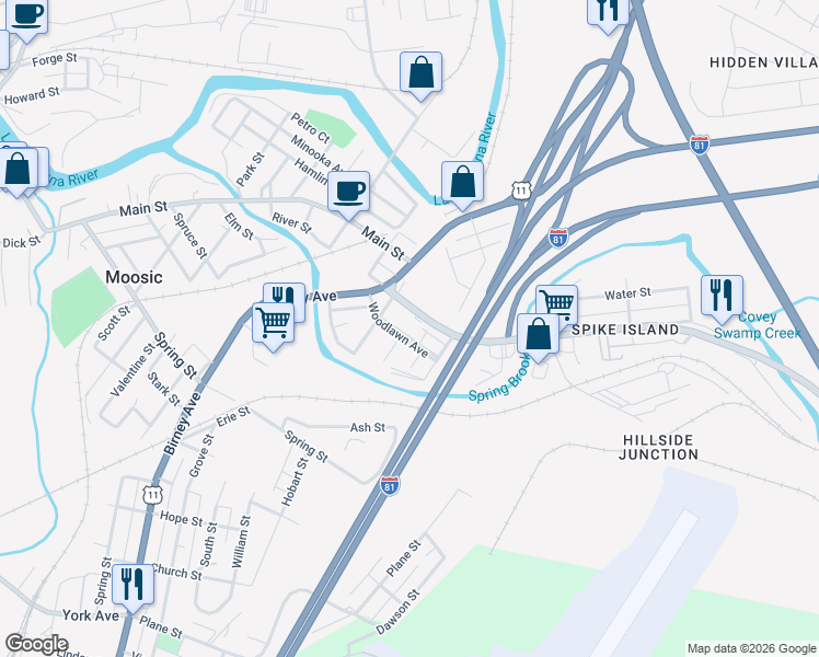map of restaurants, bars, coffee shops, grocery stores, and more near 825 Woodlawn Ave in Moosic