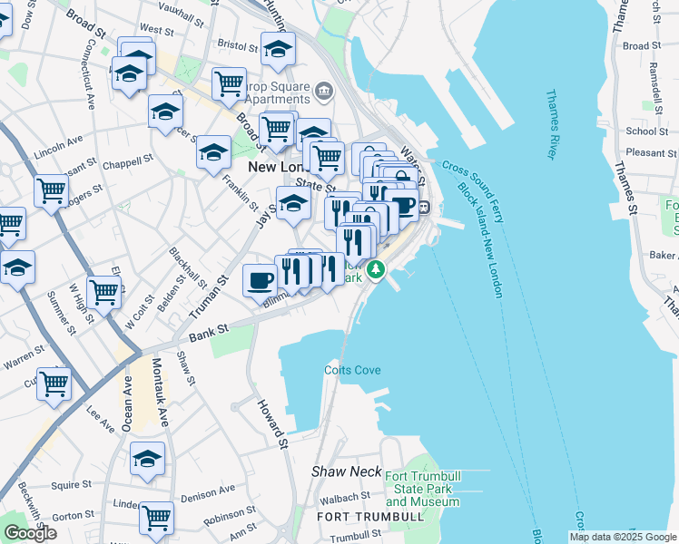 map of restaurants, bars, coffee shops, grocery stores, and more near in New London