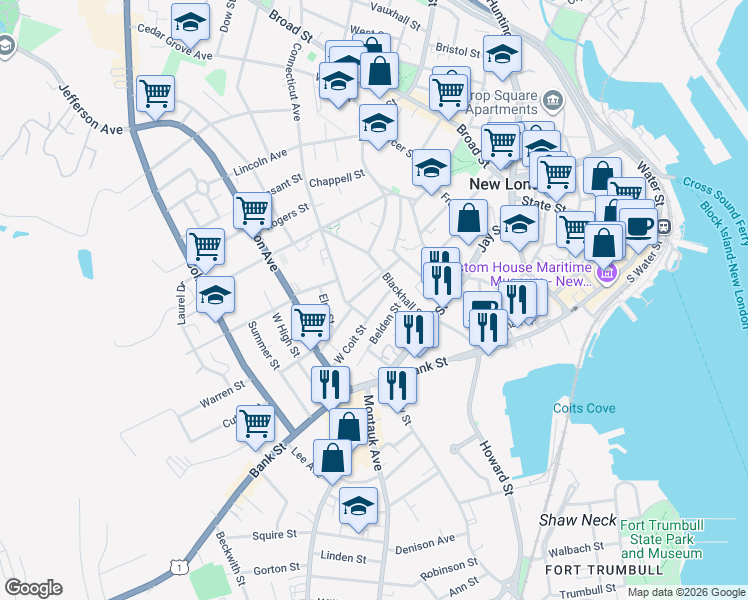 map of restaurants, bars, coffee shops, grocery stores, and more near 12 West Coit Street in New London