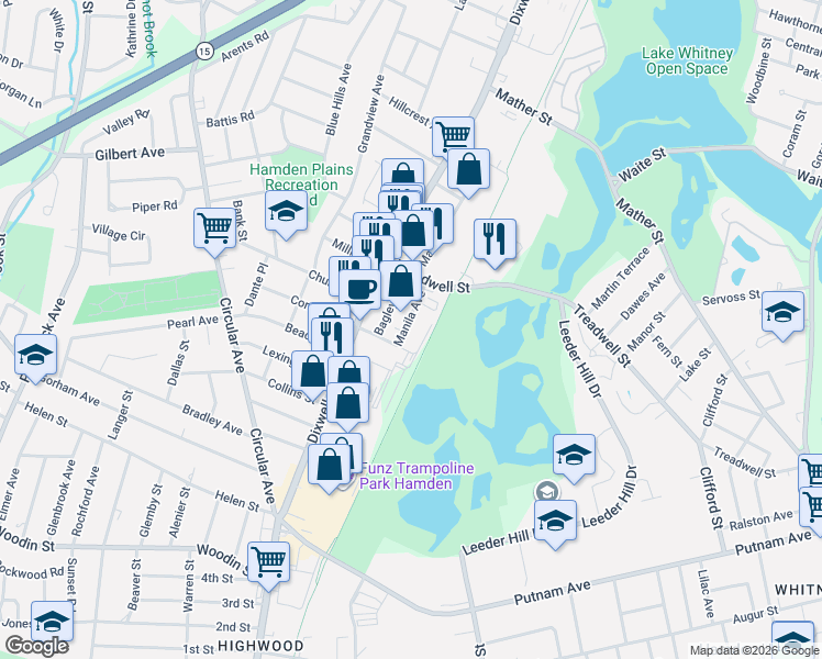 map of restaurants, bars, coffee shops, grocery stores, and more near 17 Manila Avenue in Hamden