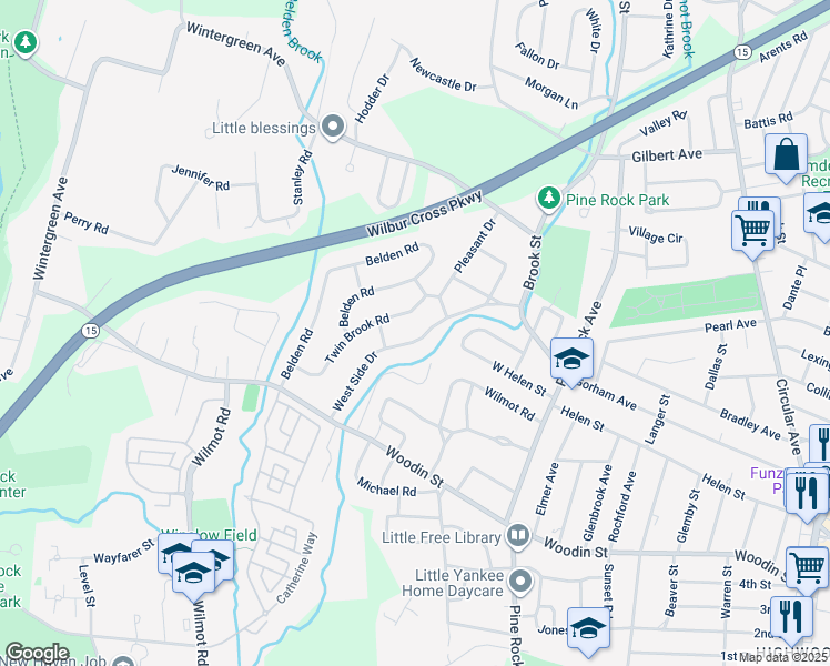 map of restaurants, bars, coffee shops, grocery stores, and more near 134 West Side Drive in Hamden