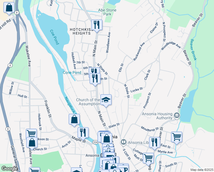 map of restaurants, bars, coffee shops, grocery stores, and more near 113 North Cliff Street in Ansonia