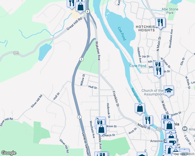 map of restaurants, bars, coffee shops, grocery stores, and more near 306 Wakelee Avenue in Ansonia