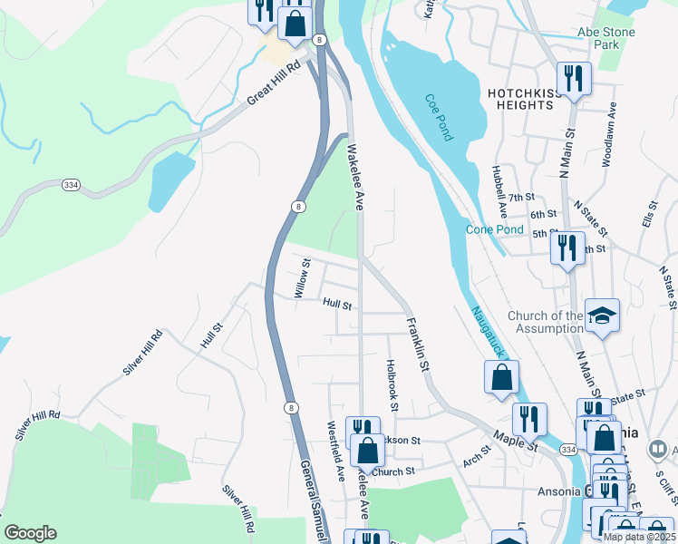 map of restaurants, bars, coffee shops, grocery stores, and more near 13 Scotland Street in Ansonia
