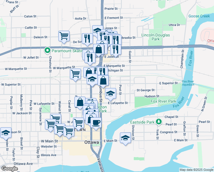 map of restaurants, bars, coffee shops, grocery stores, and more near 117 East Superior Street in Ottawa