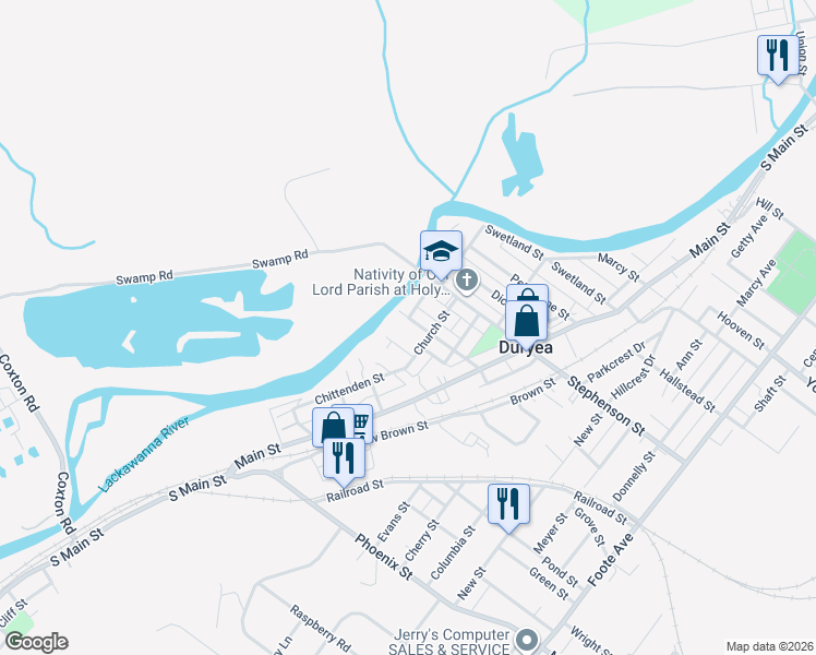 map of restaurants, bars, coffee shops, grocery stores, and more near 117-129 Lackawanna Avenue in Duryea