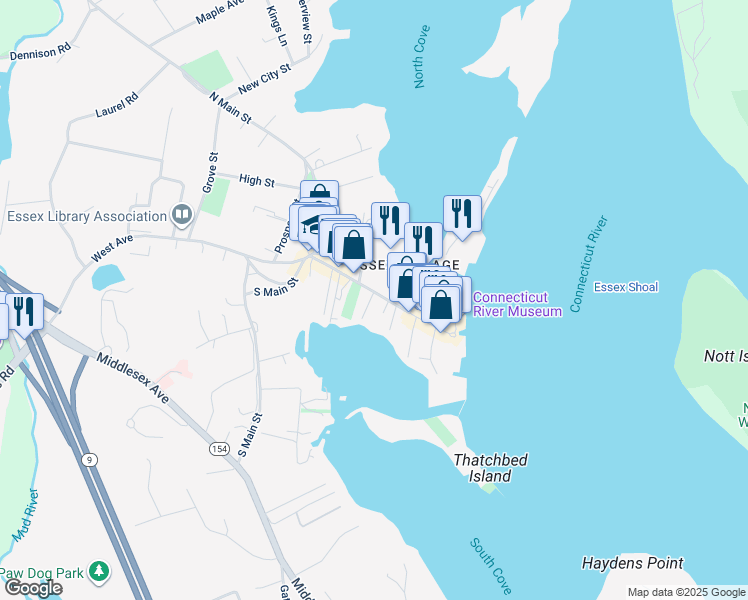 map of restaurants, bars, coffee shops, grocery stores, and more near 24 Main Street in Essex