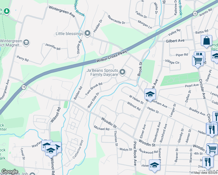 map of restaurants, bars, coffee shops, grocery stores, and more near 134 West Side Drive in Hamden
