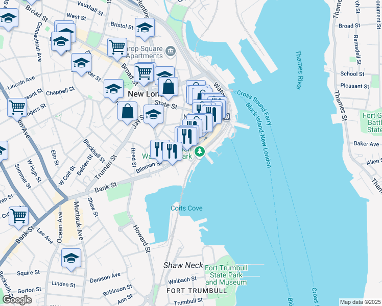map of restaurants, bars, coffee shops, grocery stores, and more near 194 Bank Street in New London