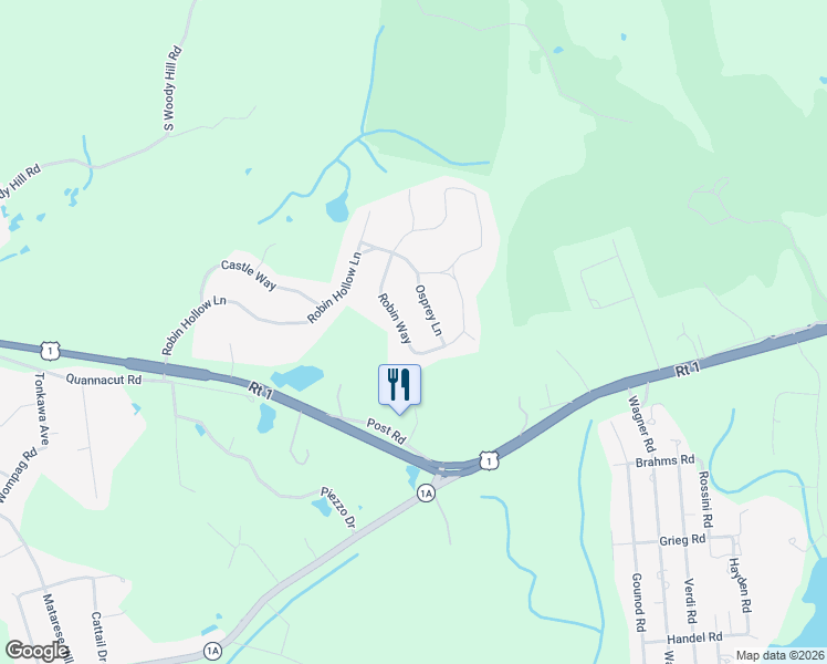 map of restaurants, bars, coffee shops, grocery stores, and more near 16 Robin Way in Westerly