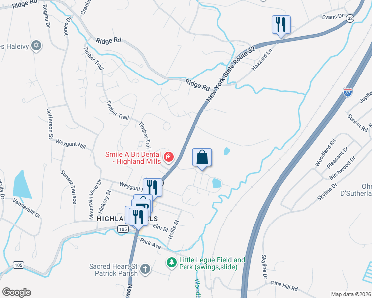 map of restaurants, bars, coffee shops, grocery stores, and more near 596 New York 32 in Woodbury