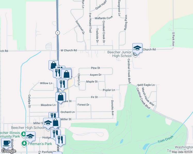 map of restaurants, bars, coffee shops, grocery stores, and more near 266 Aspen Drive in Beecher