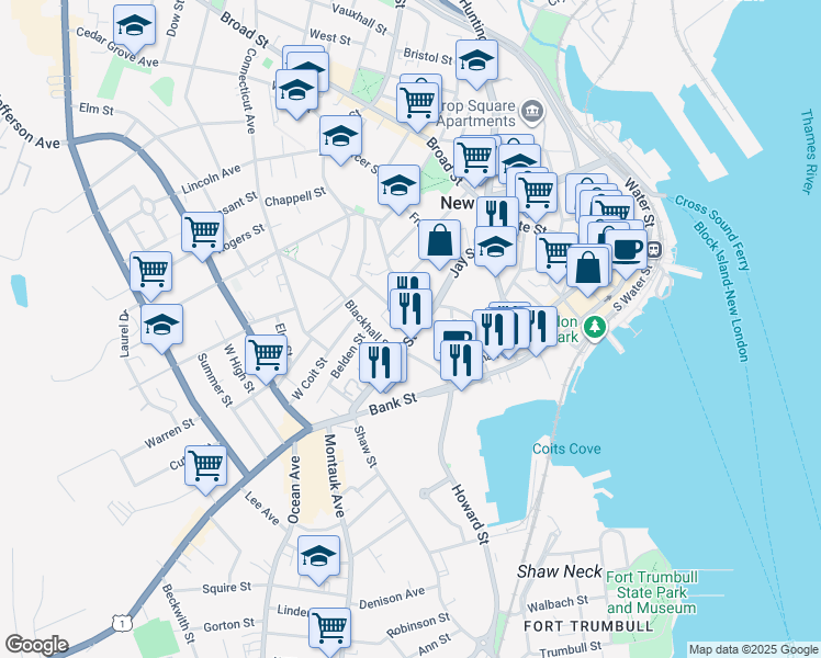 map of restaurants, bars, coffee shops, grocery stores, and more near 101 Truman Street in New London
