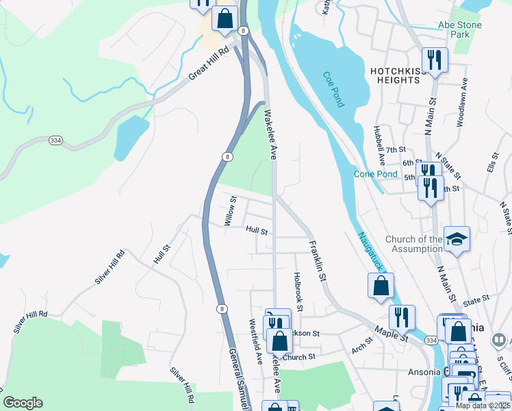 map of restaurants, bars, coffee shops, grocery stores, and more near 13 Scotland Street in Ansonia