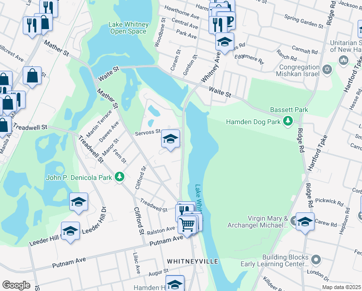 map of restaurants, bars, coffee shops, grocery stores, and more near 1414 Whitney Avenue in Hamden