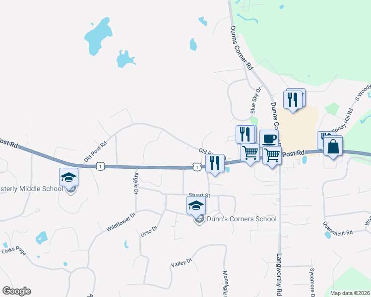 map of restaurants, bars, coffee shops, grocery stores, and more near 83 Old Post Road in Westerly
