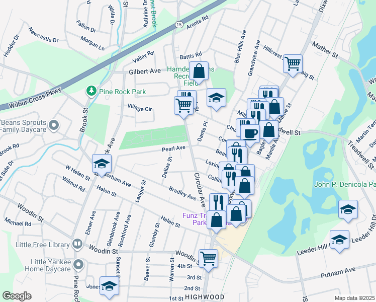 map of restaurants, bars, coffee shops, grocery stores, and more near 214 Circular Avenue in Hamden