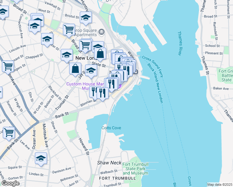 map of restaurants, bars, coffee shops, grocery stores, and more near 174 Bank Street in New London