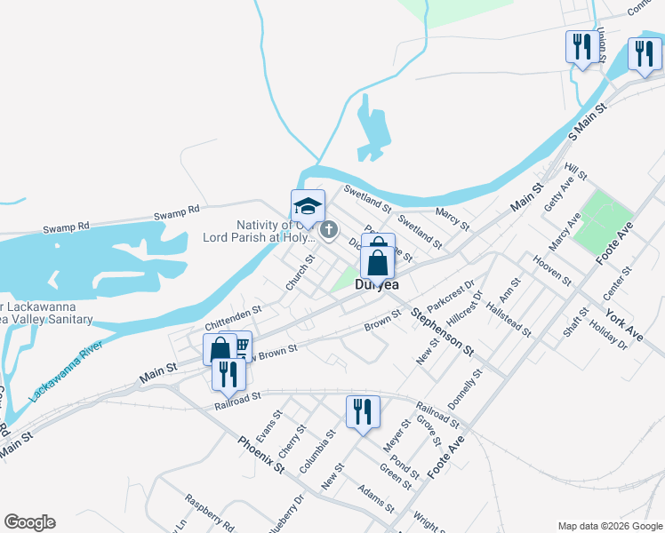 map of restaurants, bars, coffee shops, grocery stores, and more near 369 Bennett St in Duryea