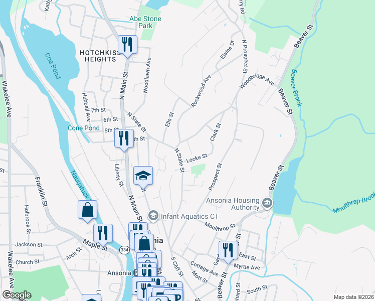 map of restaurants, bars, coffee shops, grocery stores, and more near 12 French Street in Ansonia